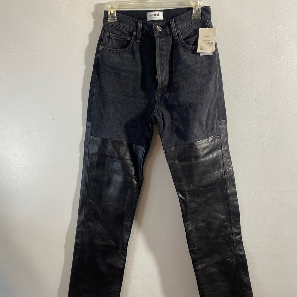 Pieced 90's Pinch Waist Jean in Howl & Detox Recycled Leather AGOLDE Size 25